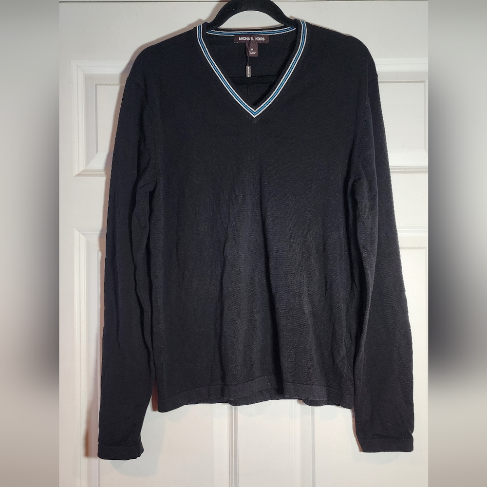 NWT Michael Kors Black And Blue V-Neck Sweater Classic Knit M